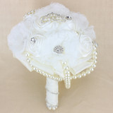 Light Cream Pearls Lace Satin Flowers Rhinestone Crown Wedding Bouquet
